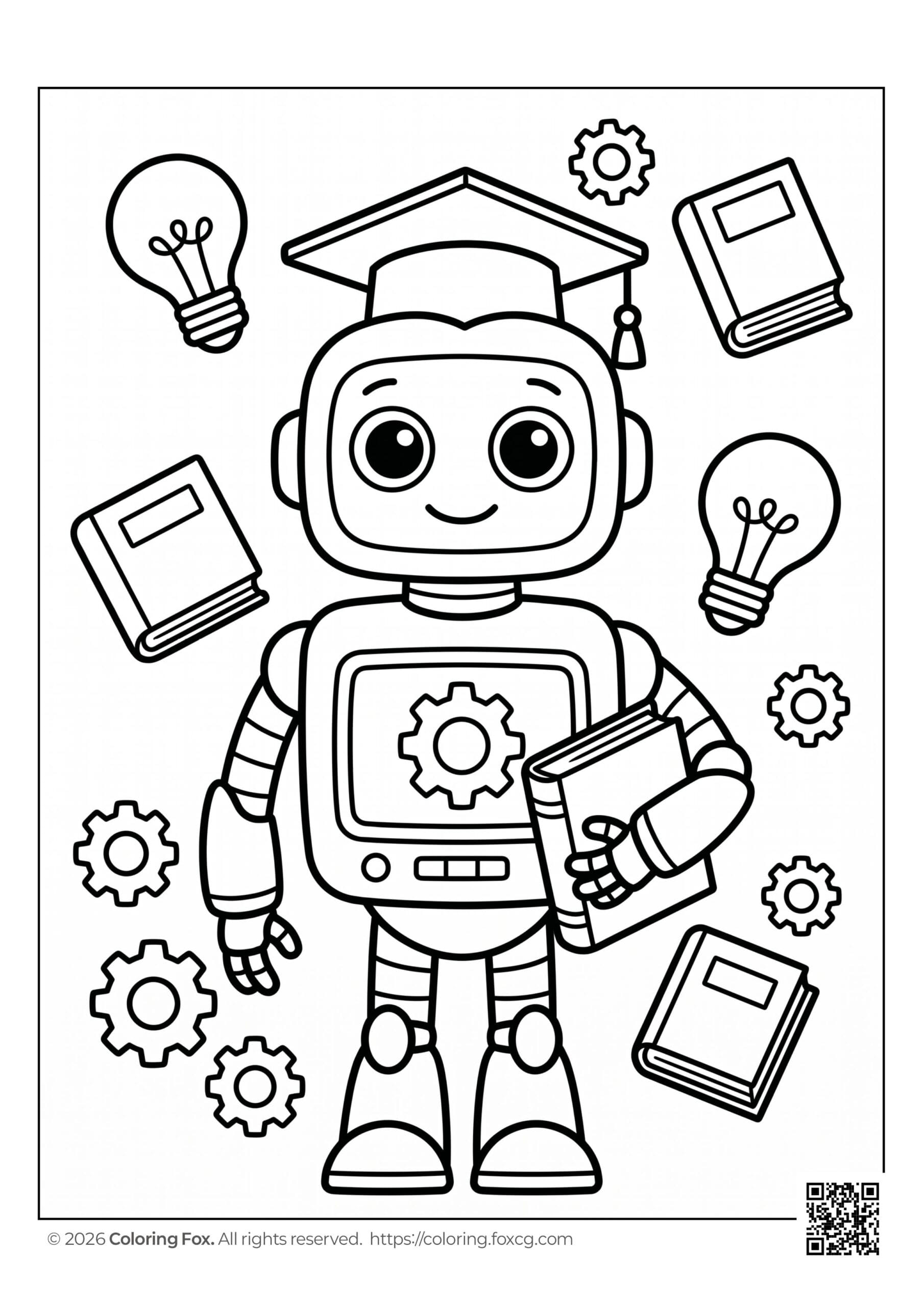 Un lindo robot con birrete de graduación sosteniendo un libro, rodeado de bombillas y engranajes.
