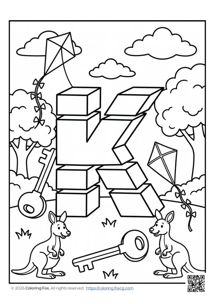 Fun Letter K Coloring Page: Kangaroos, Kites & Keys!