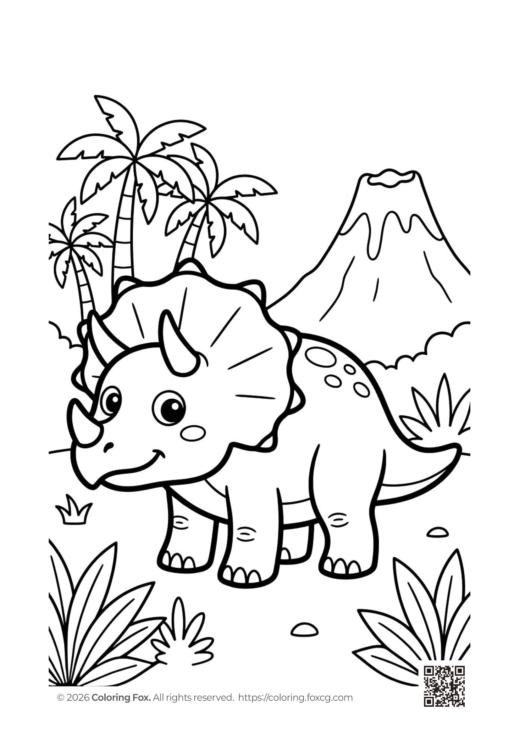 A cute cartoon triceratops dinosaur standing in front of a volcano and palm trees coloring page.