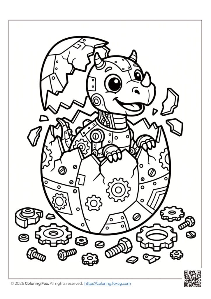 Meet the Future: Cute Baby Robotic Dinosaur Hatching Coloring Page
