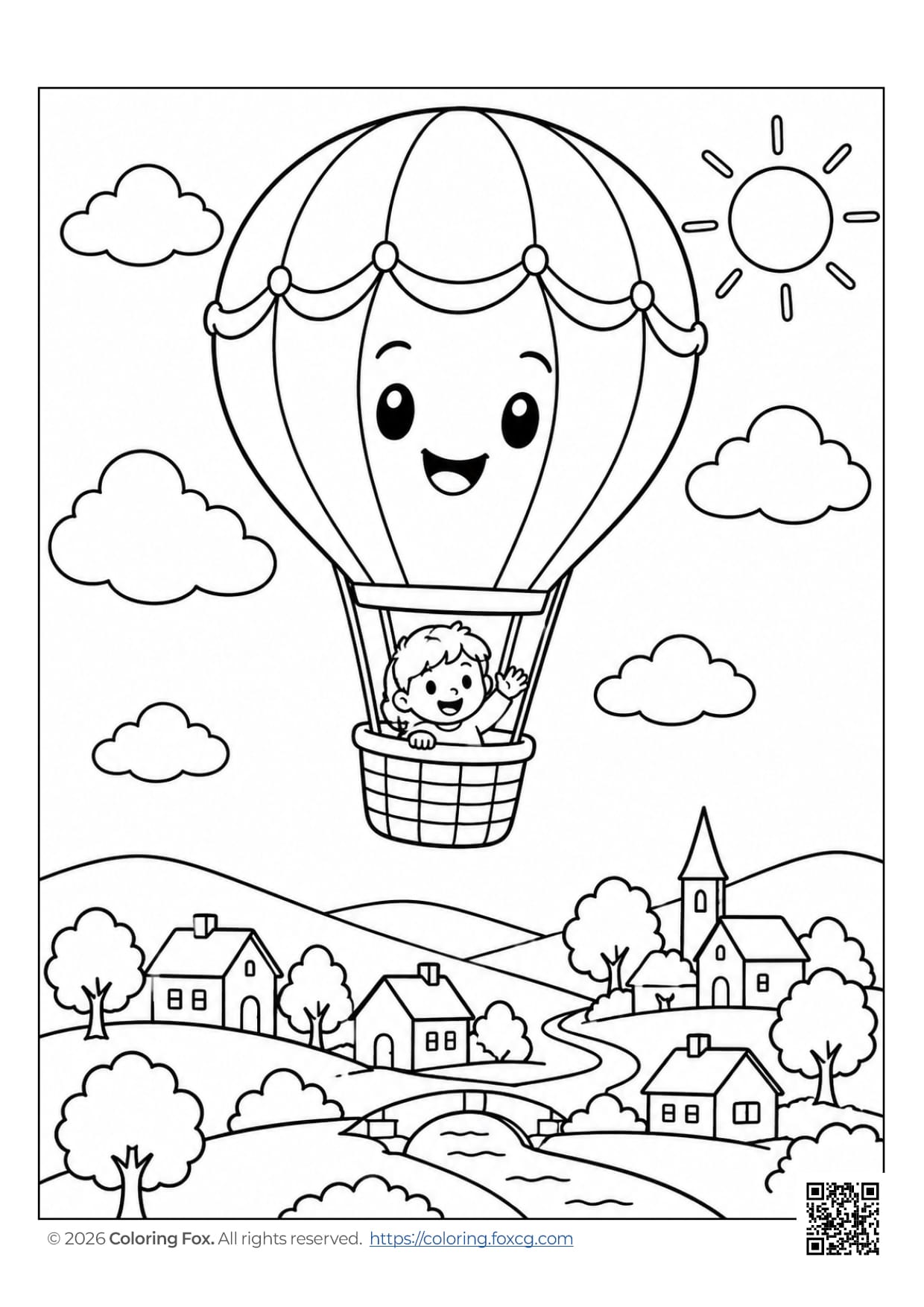 Line art of a cute hot air balloon with a smiling child, surrounded by clouds and a village.