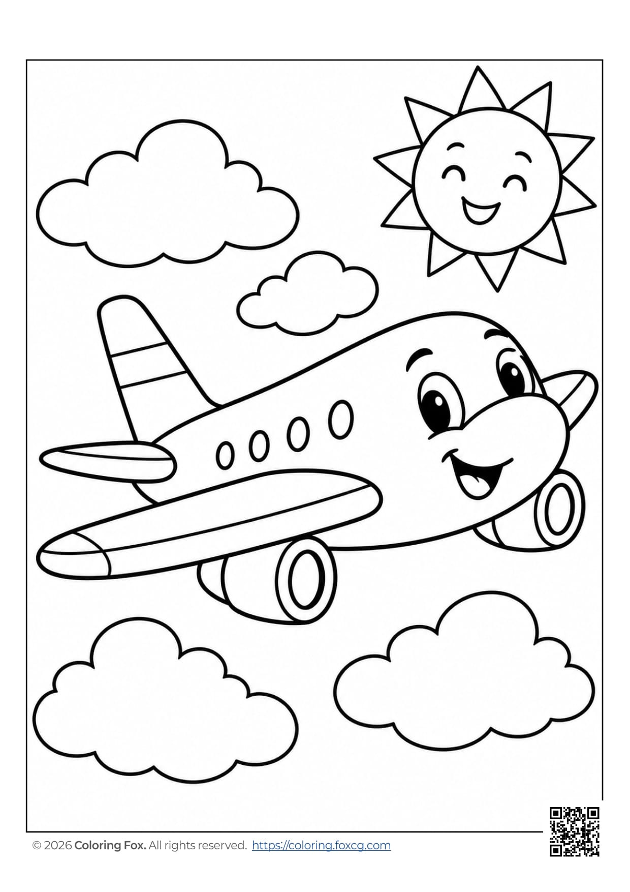 Cute airplane flying among clouds with a smiling sun, perfect for kids' coloring fun.