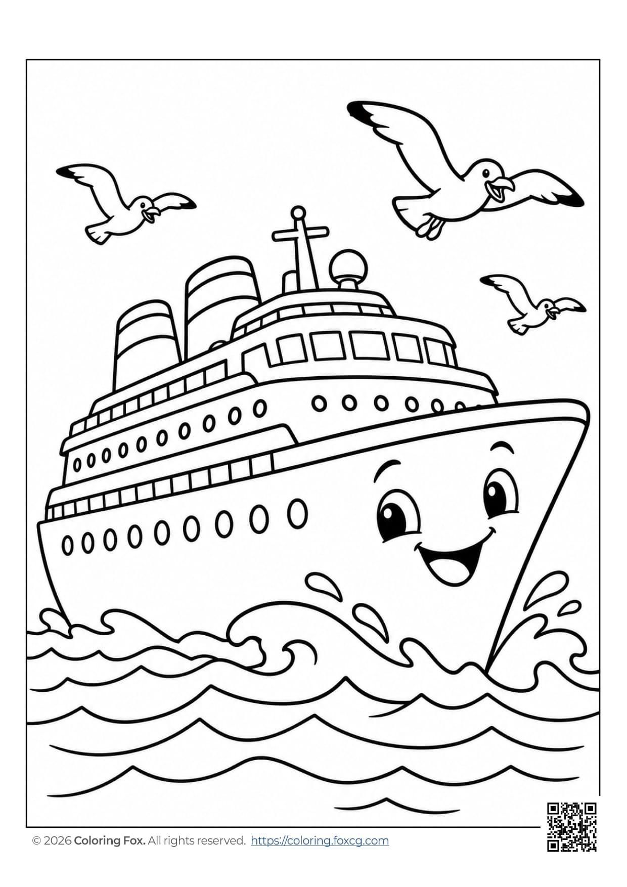 A fun cruise ship with smiling face splashing through waves and seagulls flying around.