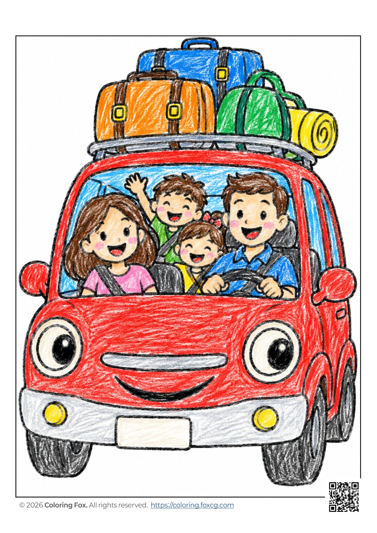 Smiling family in a car filled with luggage, ready for a road trip coloring page.