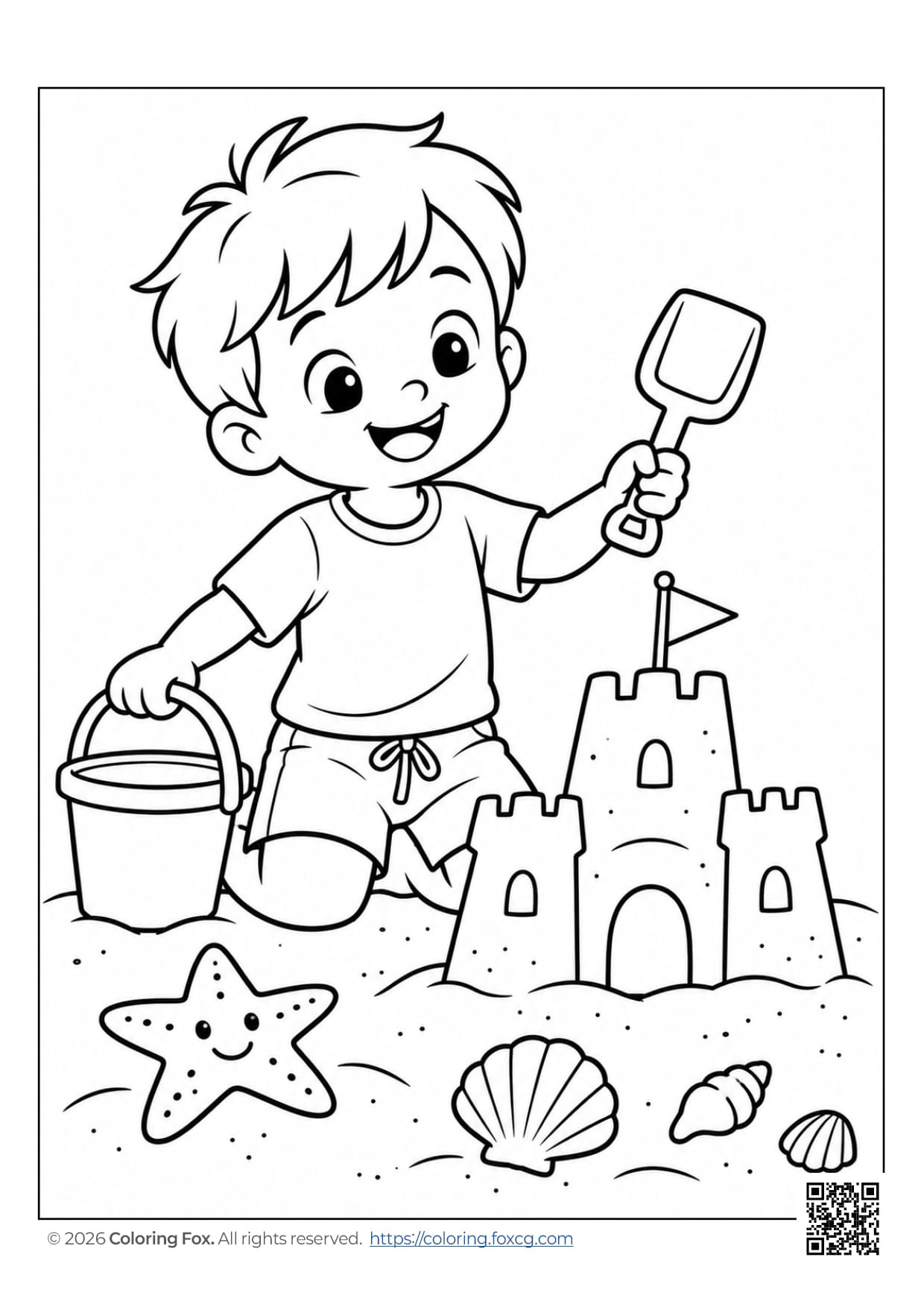 A cheerful child building a sandcastle on the beach with various sea items.