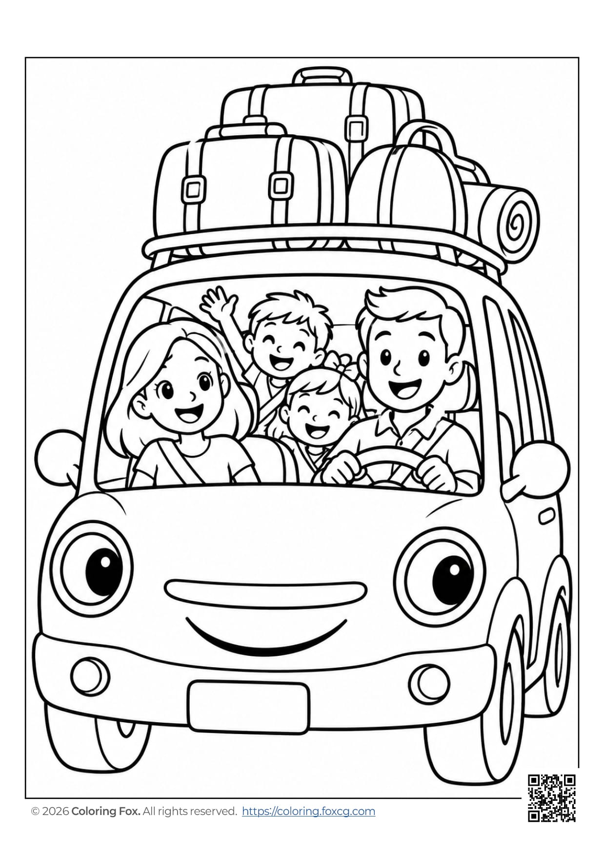 Smiling family in a car filled with luggage, ready for a road trip coloring page.