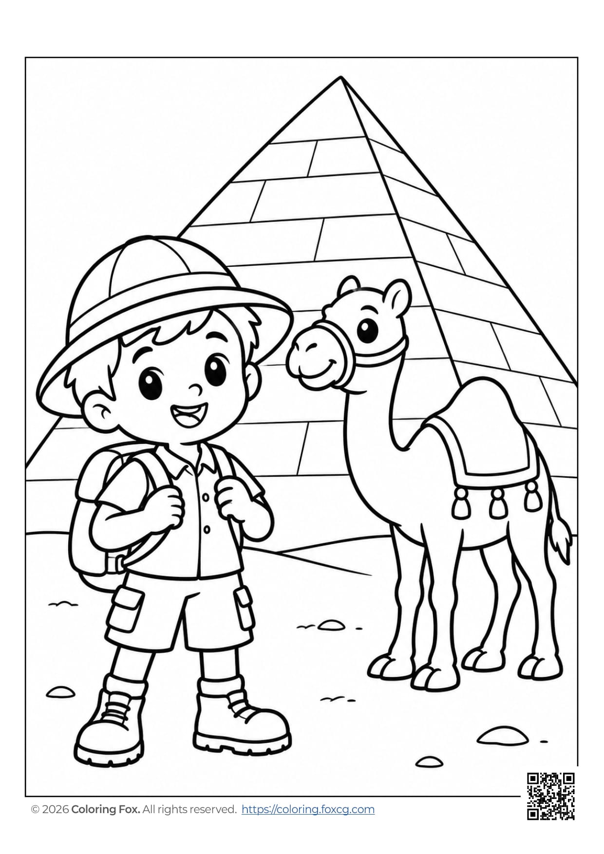 A boy with a backpack and camel in front of a pyramid coloring page.