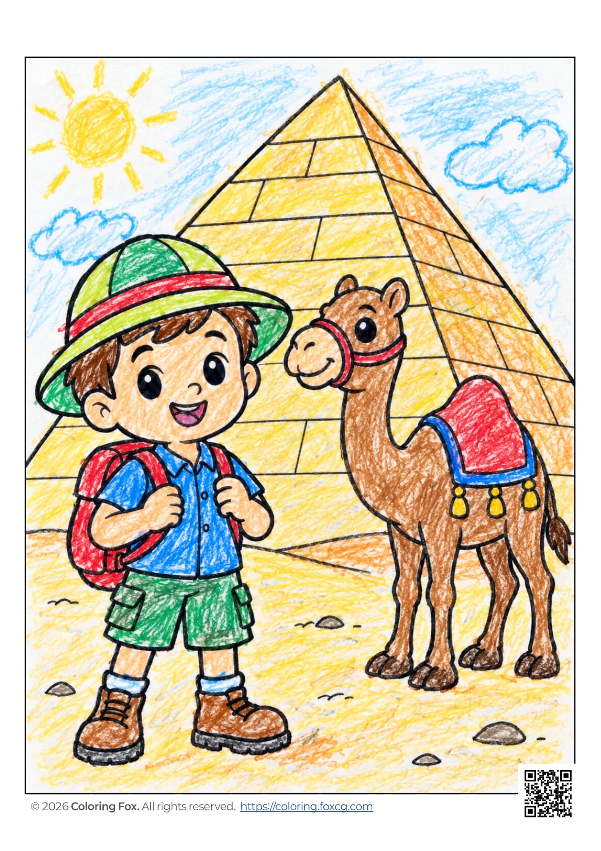 A boy with a backpack and camel in front of a pyramid coloring page.