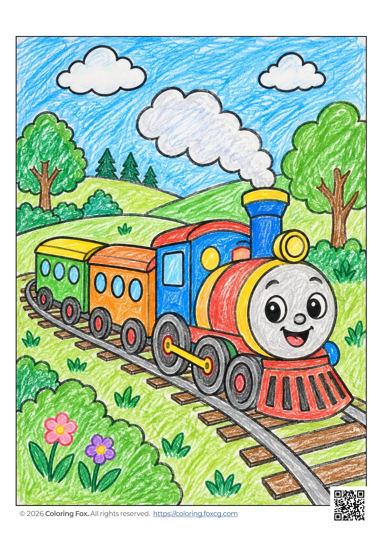 Cute train coloring page for kids featuring a smiling locomotive and scenic background.