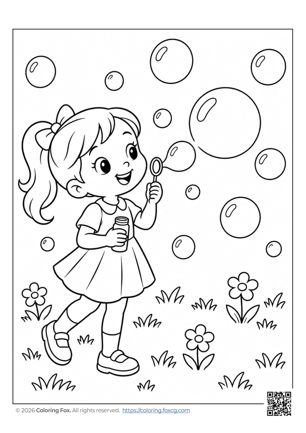 A cheerful girl blowing bubbles in a field of flowers, perfect for coloring.