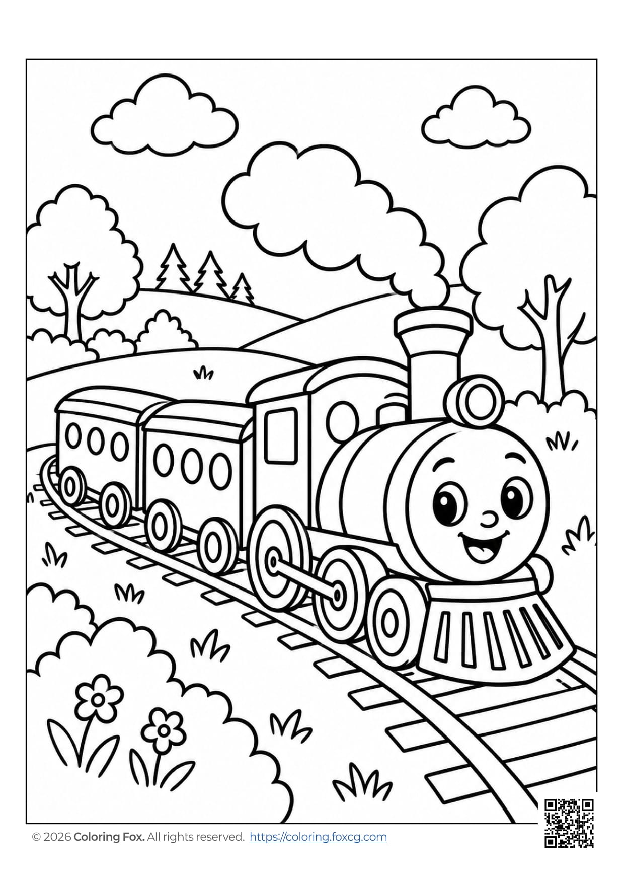 Cute train coloring page for kids featuring a smiling locomotive and scenic background.