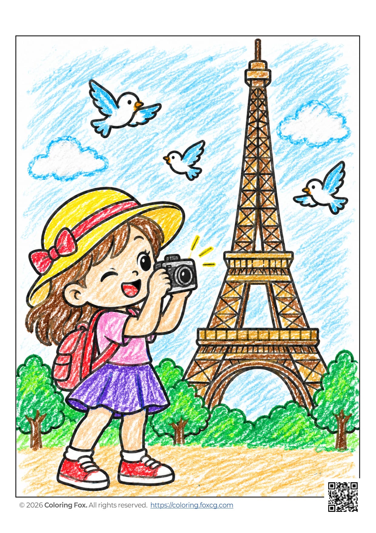 A cheerful girl taking a photo in front of the Eiffel Tower, surrounded by birds.