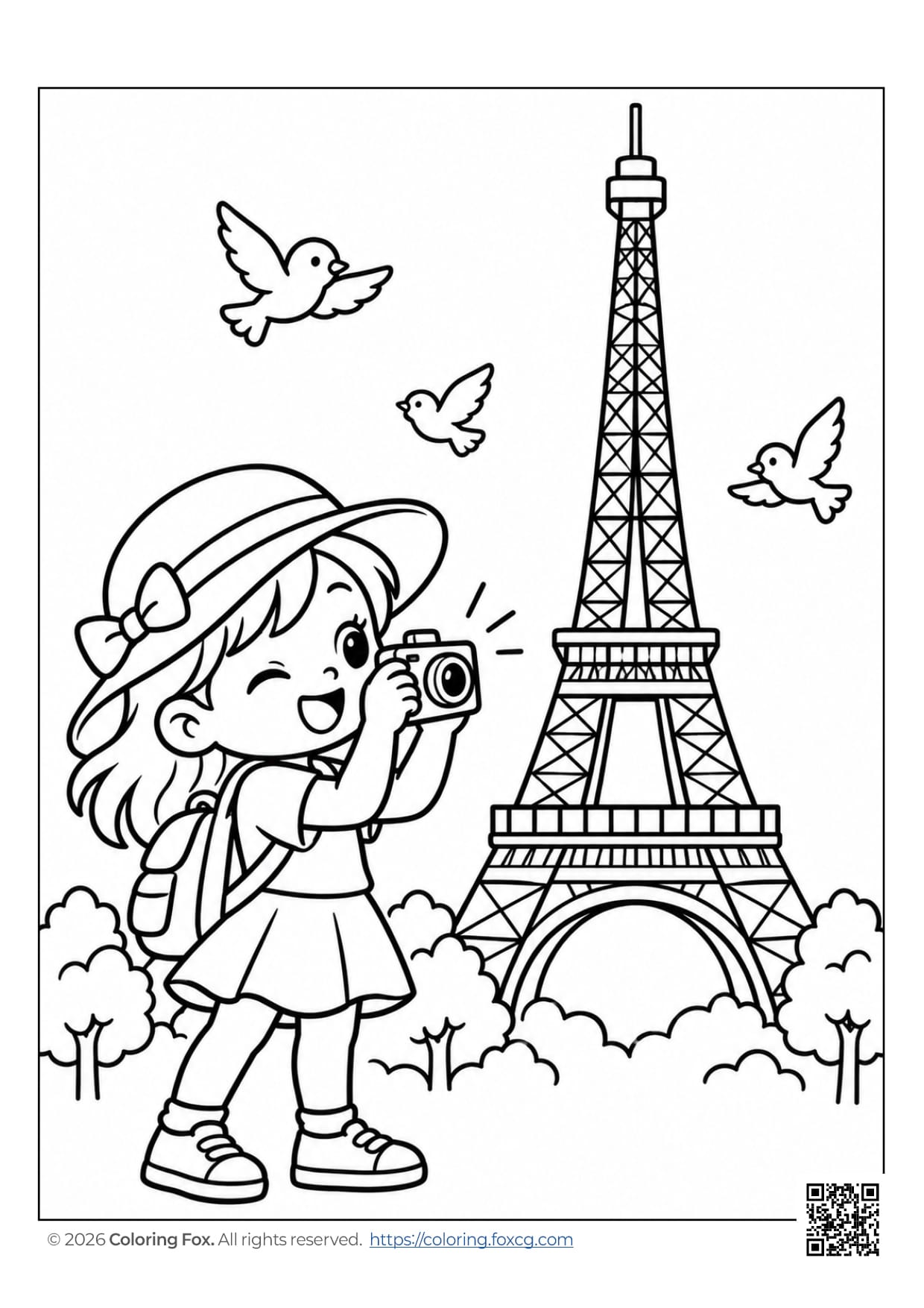 A cheerful girl taking a photo in front of the Eiffel Tower, surrounded by birds.