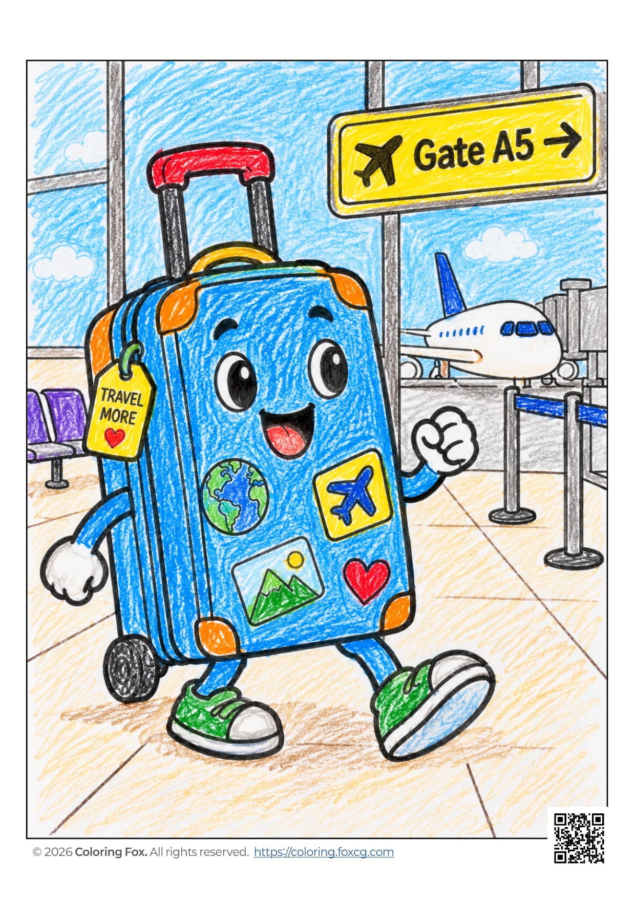 Coloring page featuring a cheerful suitcase with travel stickers in an airport setting.
