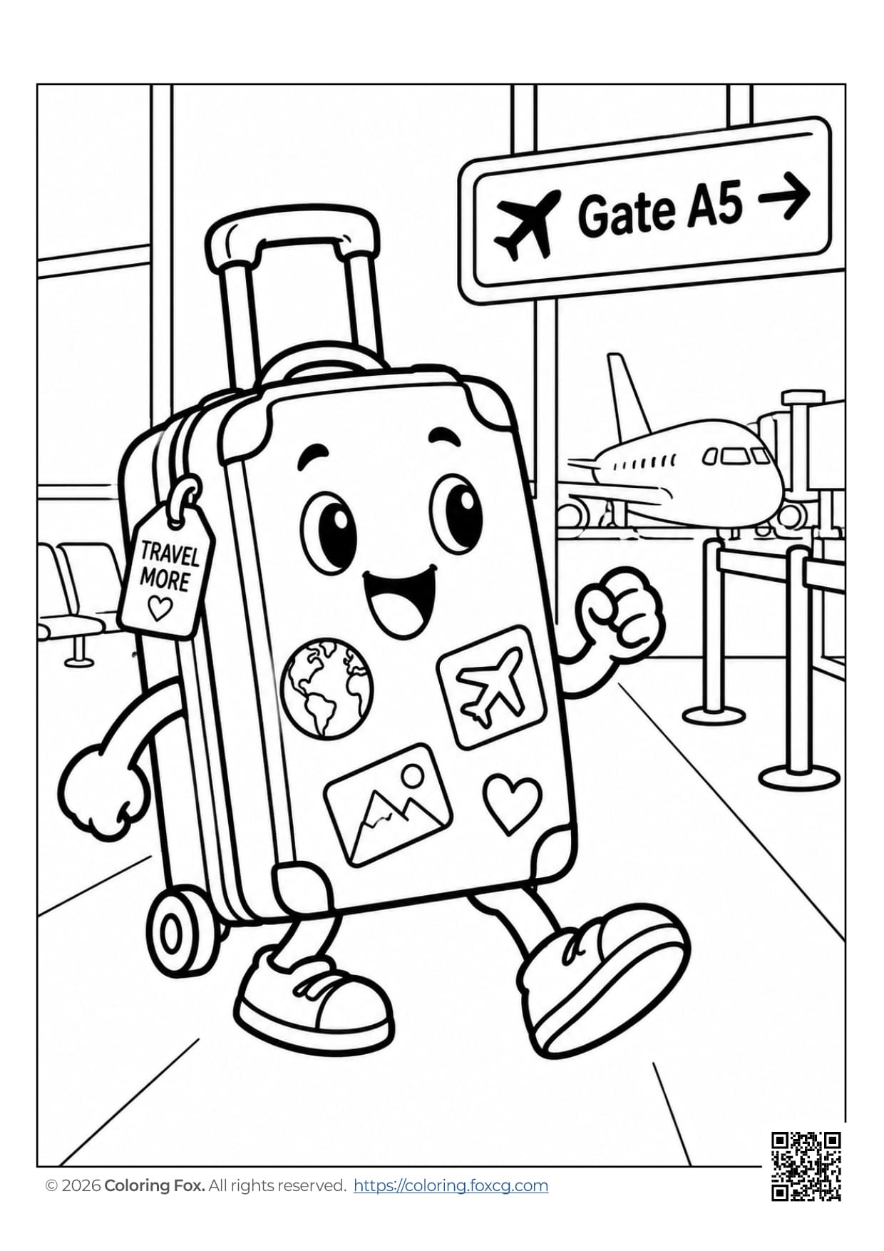 Coloring page featuring a cheerful suitcase with travel stickers in an airport setting.