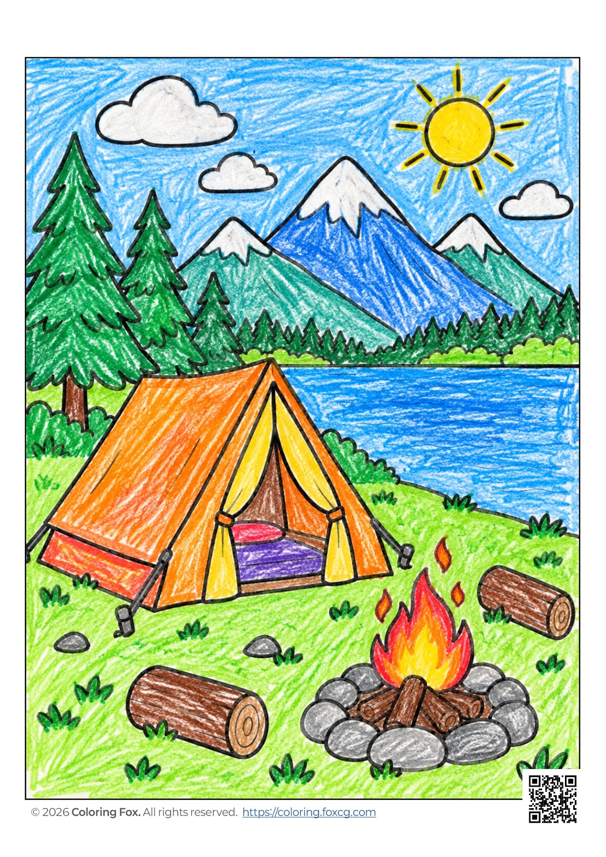 A scenic camping scene with a tent, campfire, trees, and mountains ready for coloring.
