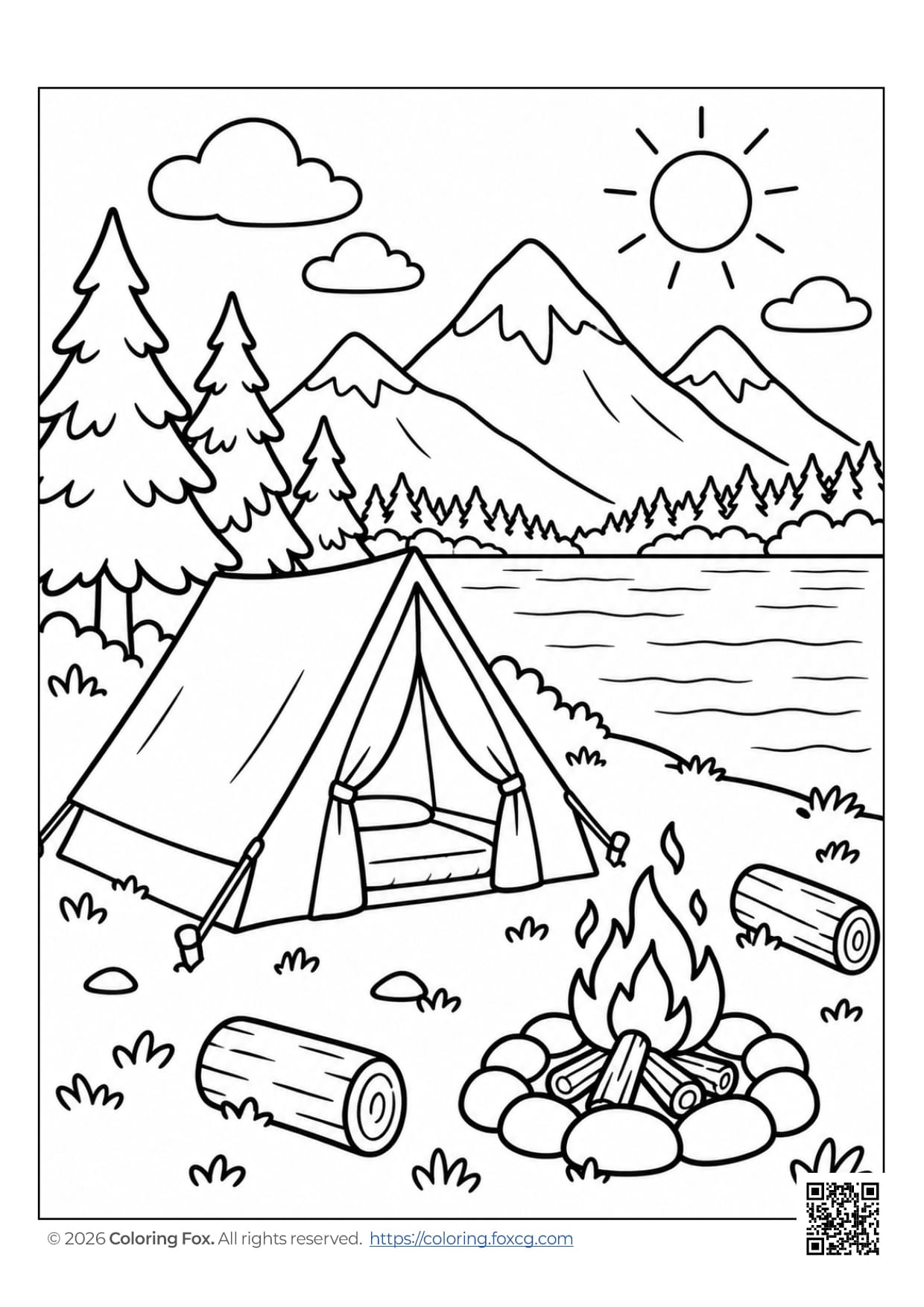 A scenic camping scene with a tent, campfire, trees, and mountains ready for coloring.