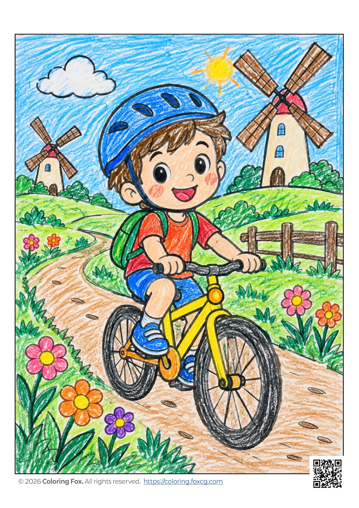 A happy boy riding a bicycle through a countryside with windmills and flowers.