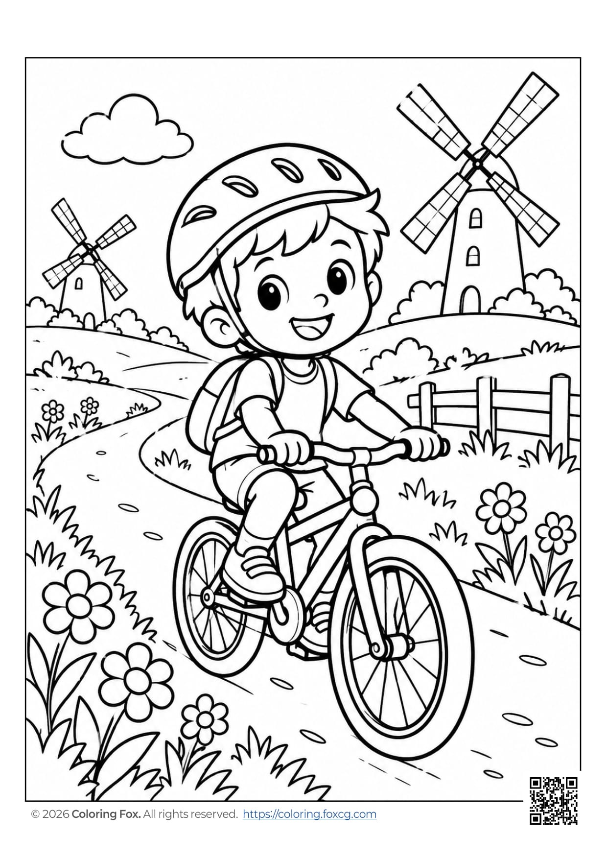 A happy boy riding a bicycle through a countryside with windmills and flowers.