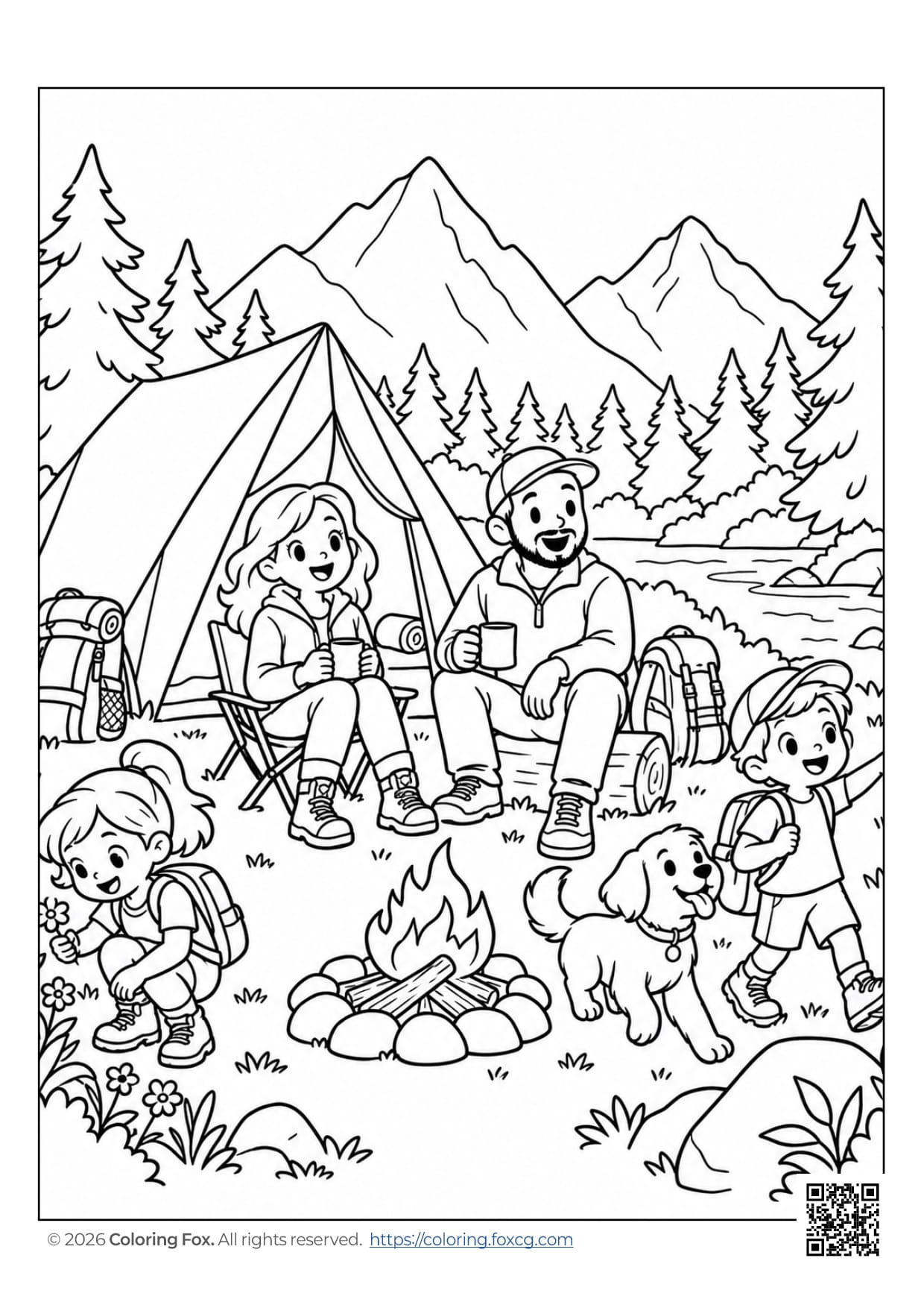 Family camping scene with children, tent, campfire, and dog in a forest setting.