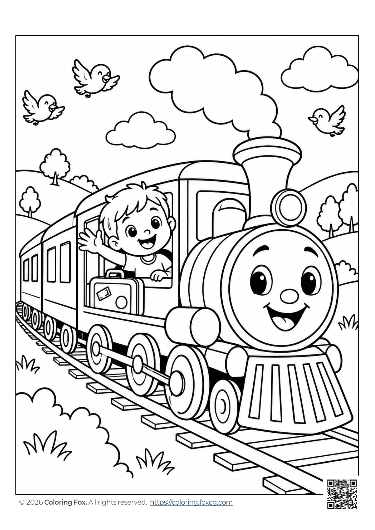 A cheerful train with a smiling child waving from a window surrounded by nature, perfect for a fun coloring activity.