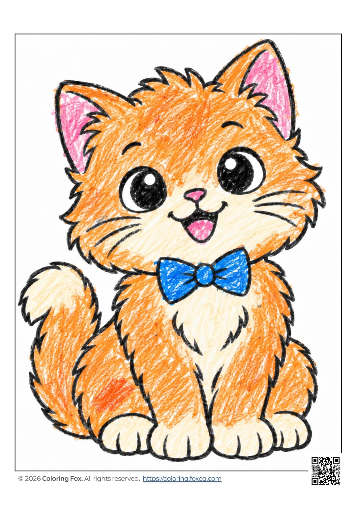 Adorable cat coloring page with fluffy fur and a cute bow tie, perfect for kids.