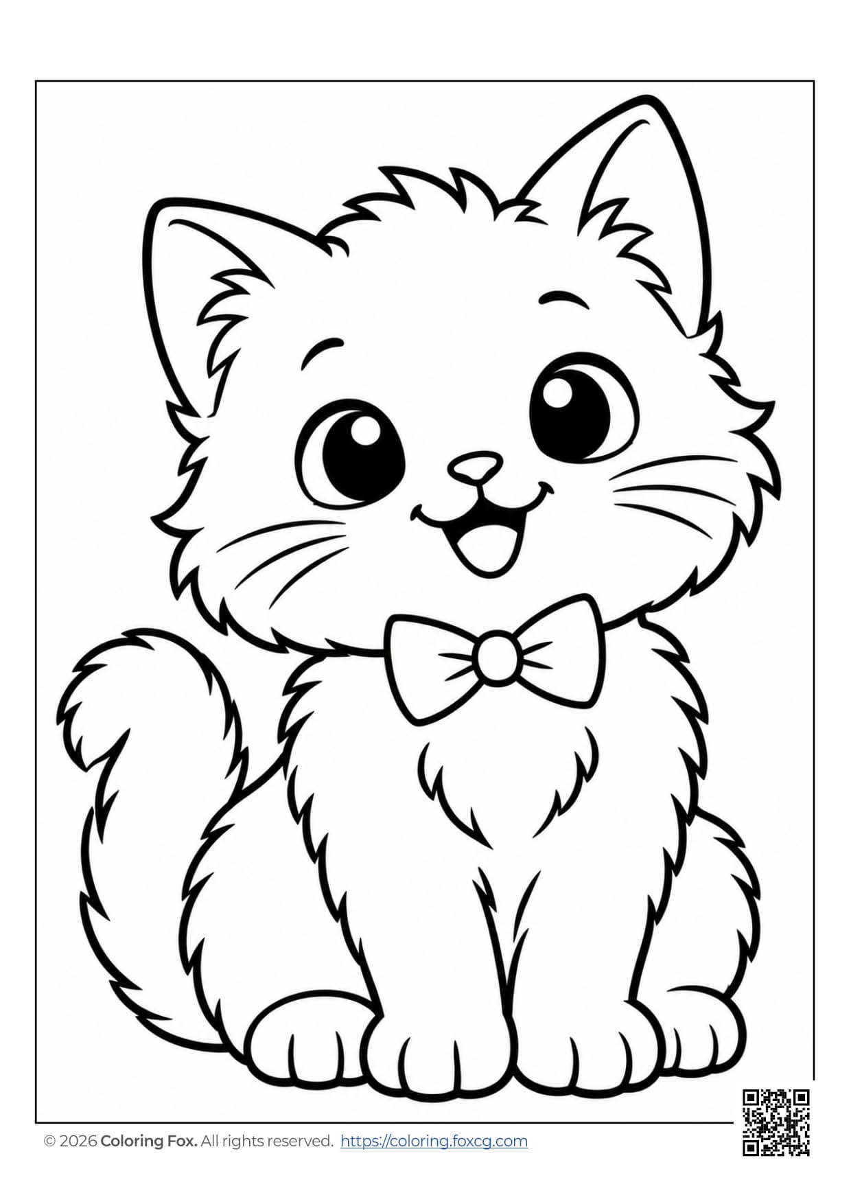 Adorable cat coloring page with fluffy fur and a cute bow tie, perfect for kids.